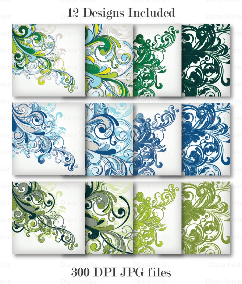 Commercial Use OK Retro Swirl Digital Scrapbook Paper Variety Pack Green Blue Yellow Patterns