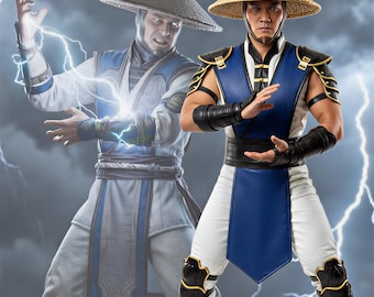May include: A warrior figure wearing a conical straw hat, a blue and white sleeveless tunic with black shoulder armour, black arm guards, a wide belt, and white trousers with black and gold knee guards, posed against a stormy lightning background.