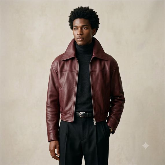 Handmade Burgundy Leather Cropped Jacket | Vintage Oversized Collar Jacket | Premium Genuine Leather Zip Jacket | Handmade Leather Coat