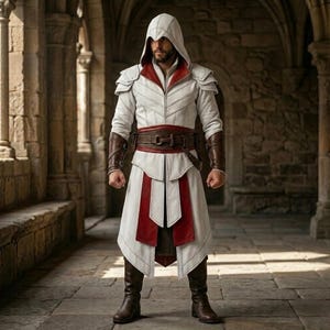 Pode incluir: Um traje com capuz branco e vermelho com detalhes em couro castanho. O traje apresenta um casaco comprido com painéis vermelhos, um cinto largo castanho e proteções de braço em couro castanho. A pessoa está em um corredor de pedra.