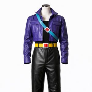 May include: A cosplay outfit featuring a purple cropped jacket, black pants, and a yellow belt with a red buckle. A light blue strap crosses the chest. The outfit is displayed on a mannequin against a white background.