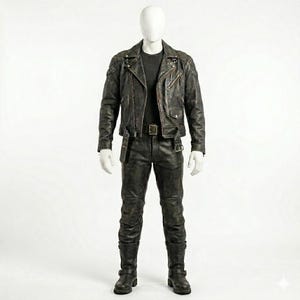 Distressed Black Leather Biker Suit – Waxed Jacket and Pants Set