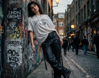Handmade Black Leather Cargo Pants, Baggy Streetwear Leather Trousers, Oversized Techwear Utility Pants, Multi-Pocket Cyberpunk Biker Pants