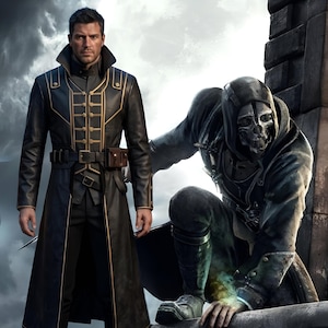 Corvo Attano Inspired Black Leather Cosplay Coat – Dishonored Inspired Distressed Leather Longcoat with Gold Piping –LARP Coat