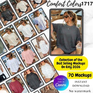 Könnte beinhalten: Eine Sammlung von T-Shirt-Mockups in verschiedenen Farben, darunter Grau, Weiß und Rosa. Das Bild zeigt eine Frau, die ein graues Comfort Colors T-Shirt trägt. Der Text auf dem Bild lautet "Comfort Colors 1717", "Collection of the Best Selling Mockups On Esty 2026" und "70 Mockups".