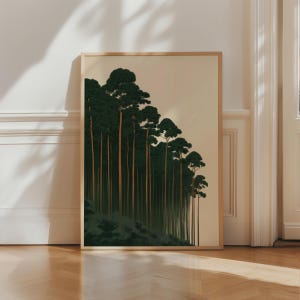 May include: A rectangular wall art print in a light wood frame featuring a vertical illustration of a dense forest with tall, slender dark green pine trees against a solid cream-coloured background, showing a layered canopy and thin trunks.