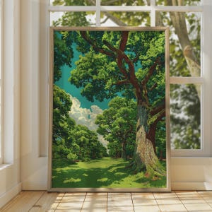Peut inclure: Une impression d'art encadrée représentant une scène de forêt luxuriante avec un grand tronc d'arbre texturé au premier plan. La composition présente un feuillage vert vif, une clairière herbeuse et un ciel bleu sarcelle avec des nuages blancs.