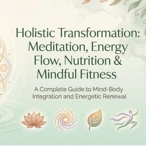 Può includere: Un'illustrazione che promuove il benessere olistico. Presenta una figura che medita all'interno di un mandala, con il testo "Holistic Transformation: Meditation, Energy Flow, Nutrition & Mindful Fitness". L'immagine include elementi botanici e simboli.