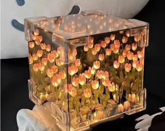 Espejo LED personalizado con forma de tulipán, lámpara de flores naturales, regalo personalizado con foto, decoración romántica para el hogar, espejo acrílico con luz, 10 x 10 cm