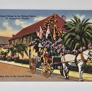 May include: Vintage postcard featuring the "Oldest House in the United States" in St. Augustine, Florida. The image shows a horse-drawn carriage in front of the historic building, with flags and lush greenery. The text reads "The Oldest City in the United States."