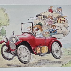 May include: A watercolor illustration of a bright red vintage car driving on a dirt road. The car is packed with several anthropomorphic mice, large sacks, fishing rods, and a yellow gas can. A green tree and rolling hills are in the background.