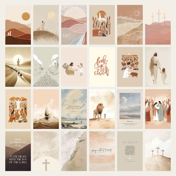 70PCS Boho Christian Bible Verse Wall Collage Kit, Neutral Faith Art Prints (Digital Download)