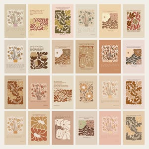 May include: A collection of 28 rectangular art prints with floral and botanical designs in a muted color palette of beige, brown, and orange. Each print features a unique arrangement of flowers and leaves, with some including text.