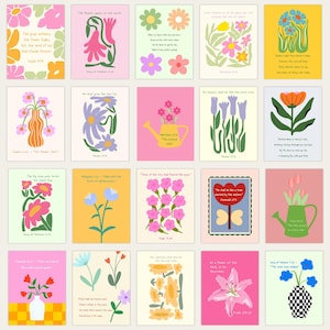 May include: A collection of twenty rectangular art prints featuring floral illustrations and scripture verses. Each print displays colorful botanical motifs, including flowers in vases, watering cans, and garden scenes, paired with printed text in various fonts.