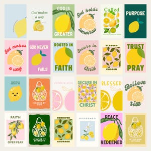 Peut inclure: Une collection d'impressions d'art colorées avec des citrons et des phrases inspirantes. Chaque impression présente un design unique avec des textes comme "Dieu est plus grand", "Faites confiance, priez" et "Jésus est ma force."