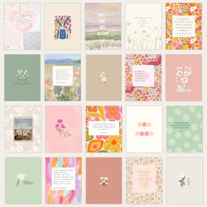 Puede incluir: Una colección de veinte láminas de arte rectangulares que presentan diversos patrones florales, ilustraciones de paisajes y citas de texto inspiradoras en diversas paletas de colores, incluyendo rosas pastel, verdes, naranjas y tonos neutros.