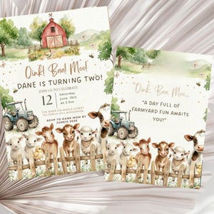 May include: Farm-themed birthday invitations with watercolor illustrations. The design features a red barn, tractors, and a fence with farm animals. The text reads "Oink! Baa! Moo! Dane is turning two!" and includes party details.