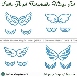 May include: A digital embroidery design set titled Little Angel Detachable Wings Set featuring four variations of blue stitched wing patterns. The set includes larger wings with a width of 6.7 inches and smaller wings with a width of 2.8 inches.