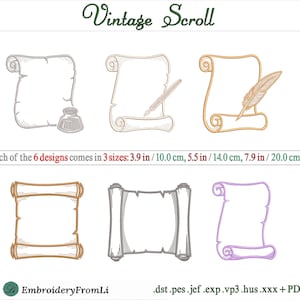 Może przedstawiać: Sześć cyfrowych wzorów haftu przedstawiających zabytkowe zwoje, niektóre z kałamarzami lub piórami. Tekst: Vintage Scroll. Każdy z 6 wzorów występuje w 3 rozmiarach: 10,0 cm, 14,0 cm, 20,0 cm. Formaty plików: .dst, .pes, .jef, .exp, .vp3, .hus, .xxx i .pdf.