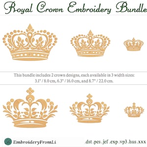 Royal Crown Embroidery Bundle, 3 Sizes (3.1", 6.3", 8.7" / 8cm, 16cm, 22cm)
