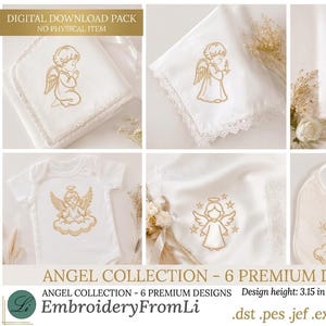 May include: A digital download pack with six premium angel designs. The designs include embroidered angels on a baby onesie, bib, and handkerchiefs. The angel designs are in gold thread on white fabric. The design height is 8 cm / 10 cm.