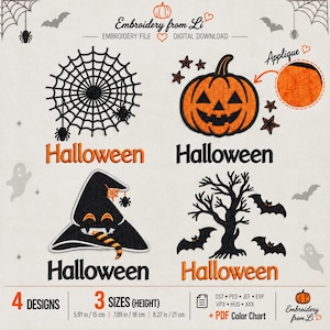 Peut inclure: Un ensemble de fichiers de broderie numérique avec quatre motifs d'Halloween : une toile d'araignée noire, une citrouille orange avec des étoiles, un chapeau de sorcière noir et un arbre noir avec des chauves-souris. Trois tailles : 15, 18 et 21 cm.