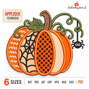 May include: An embroidery design of a pumpkin with segments featuring orange chevron, black spiderweb, and black polka dot patterns. It includes a brown stem, green leaves, curly vines, and a small black spider. Text reads Embroidery from Li.