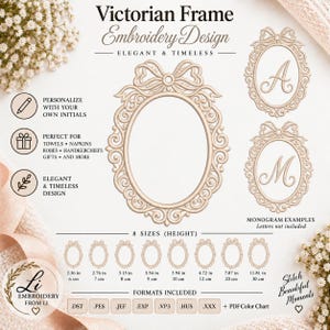 Puede incluir: Un diseño de bordado digital que presenta un marco ovalado de estilo victoriano rematado con un lazo. La imagen muestra el marco en ocho tamaños que van desde los 6 cm hasta los 30 cm de altura, junto con ejemplos de monogramas y formatos.