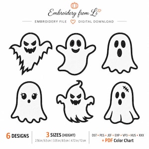 Puede incluir: Un conjunto de archivos de bordado digital con seis diseños de fantasmas blancos con contornos negros. El texto dice Embroidery from Li, EMBROIDERY FILE, DIGITAL DOWNLOAD, 6 DESIGNS, 3 SIZES (HEIGHT), 2.56 in / 6.5 cm, 3.35 in / 8.5 cm, 4.72 in / 12 cm y PDF Color Chart.
