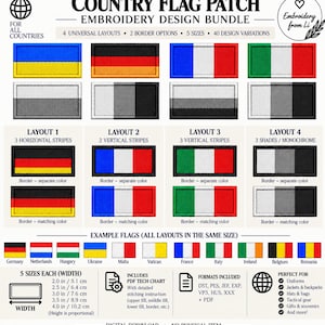 Puede incluir: Un paquete de diseños de bordado digital para parches de banderas nacionales con 40 variaciones, 4 diseños y 2 opciones de borde. Incluye 5 tamaños de 5,1 cm a 10,2 cm de ancho, una tabla técnica en PDF y múltiples formatos de archivo.
