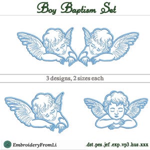 以下が含まれることがあります： Boy Baptism Setと題された刺繍デザインセットで、翼を持つ天使の青い線画イラストが3つ描かれています。テキストには3 designs, 2 sizes each、およびファイル形式.dst .pes .jef .exp .vp3 .hus .xxxとEmbroideryFromLiが含まれています。