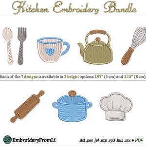 Könnte beinhalten: Ein Küchen-Stickerei-Set mit sieben Motiven: Löffel, Gabel, Tasse mit Herzmuster, Wasserkocher, Schneebesen, Nudelholz, Topf und Kochmütze. Jedes der sieben Designs ist in den Höhen 5 cm und 8 cm erhältlich.