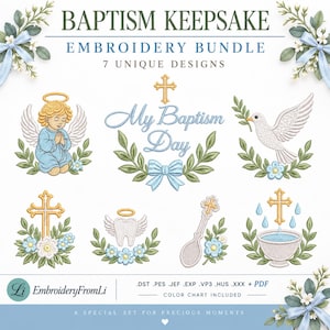 Può includere: Un set di ricamo digitale intitolato BAPTISM KEEPSAKE con 7 disegni unici tra cui un angelo in preghiera, una colomba con un ramoscello d'ulivo, una croce, un dente alato, un cucchiaio e un fonte battesimale, decorati con fiocchi e fiori blu.