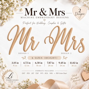 May include: Mr & Mrs machine embroidery designs in a brown script font. The text includes two designs and six height sizes ranging from 3.15 inches to 11.02 inches. File formats listed are DST, PES, JEF, EXP, VP3, HUS, and XXX with a PDF color chart.