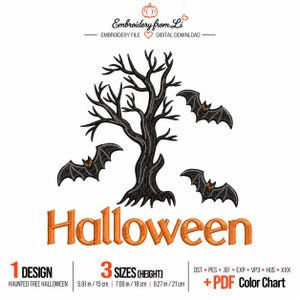 May include: An embroidery design featuring a black leafless tree and three black bats with orange accents. The word Halloween is written in orange below the tree. Text includes Embroidery from Li, 1 design, 3 sizes, and file formats like DST, PES, JEF, EXP, VP3, HUS, XXX.