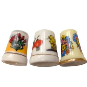 Set of 3 Porcelain Thimbles – Assorted Makers – Vintage Sewing Tools