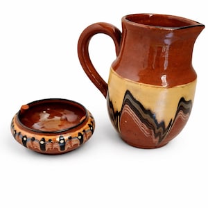 Vintage Pottery Pitcher and Bowl Set, Hand Painted Ceramic Jug, Rustic Farmhouse Kitchen Decor, Traditional Serving Set