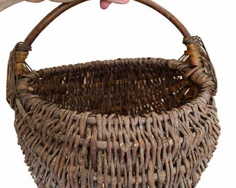 Cesta de mimbre vintage con asa, cesta rústica tejida a mano, decoración de estilo granja, cesta de almacenamiento bohemia, artículo de colección de estilo campestre.