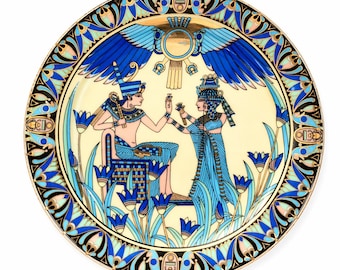 Plato decorativo de estilo egipcio vintage – Plato de pared con arte jeroglífico azul y dorado