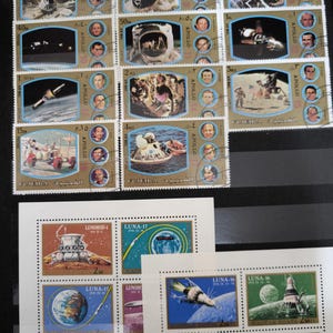 Vintage Apollo 7–17 Space Stamp Collection with Hungary Luna Mini Sheets, Fujairah NASA Stamps, Lunokhod, Soviet Space Program Philately Lot