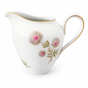 Vintage porslinskanna med rosa blommönster – mjölkkanna i guldfärgad kant – elegant europeiskt porslinsservis