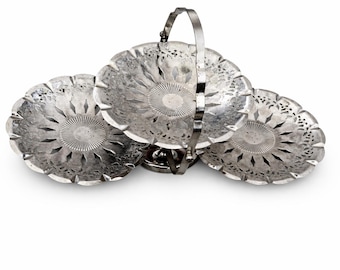 Antyczny, posrebrzany stojak do serwowania, 3-poziomowy, antyczny stojak na desery, ozdobny metalowy kosz na owoce, taca weselna, wystrój rustykalny