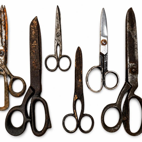 Vintage Tailor Scissors Set – Antique Rusty Sewing Shears Collection – Old Metal Fabric Scissors – Industrial Sewing Decor
