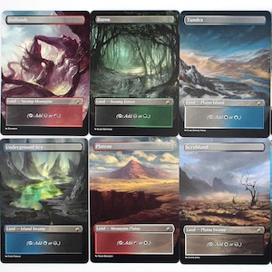 May include: Ten fantasy landscape cards with various scenes, including a swamp, forest, tundra, tropical island, mountain forest, underground sea, plateau, scrubland, volcanic island, and savannah. Each card has a title and text at the bottom.