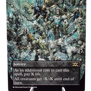 Peut inclure: Une carte Magic: The Gathering intitul&eacute;e "Toxic Deluge". L'illustration repr&eacute;sente une horde de cr&eacute;atures grotesques dans des tons gris et bleus. Le texte de la carte d&eacute;crit un sort de sorcellerie avec un co&ucirc;t et un effet. L'artiste est Richard Kane Ferguson.