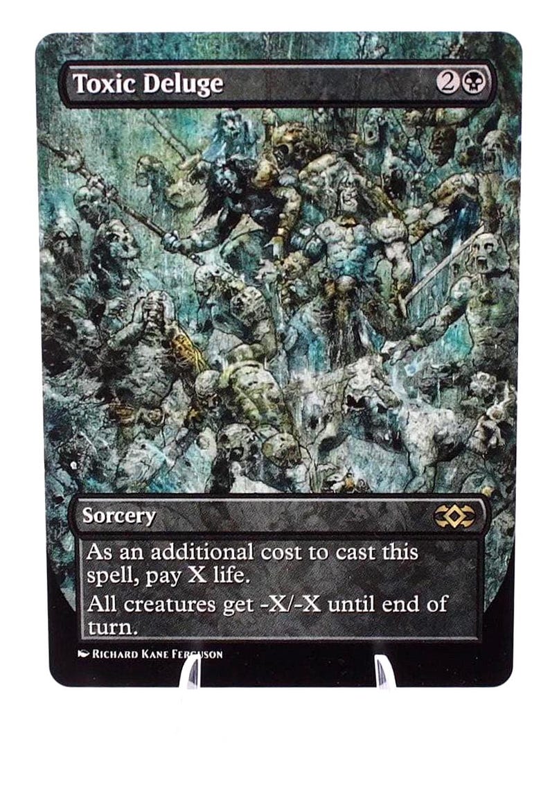 Peut inclure: Une carte Magic: The Gathering intitul&eacute;e "Toxic Deluge". L'illustration repr&eacute;sente une horde de cr&eacute;atures grotesques dans des tons gris et bleus. Le texte de la carte d&eacute;crit un sort de sorcellerie avec un co&ucirc;t et un effet. L'artiste est Richard Kane Ferguson.