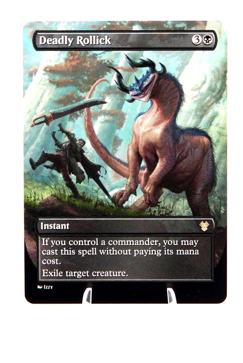 Peut inclure: Carte Magic: The Gathering intitul&eacute;e "Deadly Rollick". L'illustration fantastique montre une cr&eacute;ature cornue avec une longue queue attaquant deux personnages. Le texte de la carte indique "Instant" et des instructions de jeu.