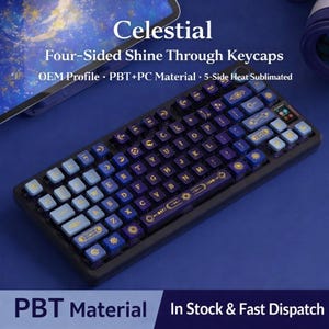 May include: A black keyboard with blue and light blue keycaps. The keycaps have celestial designs and the text "Celestial" is at the top. The keyboard has the text "Four-Sided Shine Through Keycaps" and "PBT Material" at the bottom.