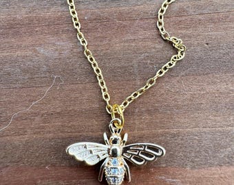 Bumble Bee Charm Necklace, Gold Rhinestone Bee Pendant Necklace