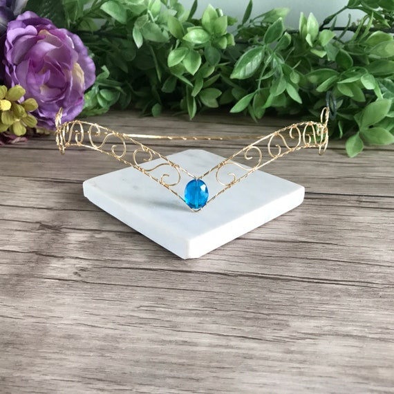 Blue Crystal Elven Tiara: Handmade Gold Coloured Copper Wire  display picture 3